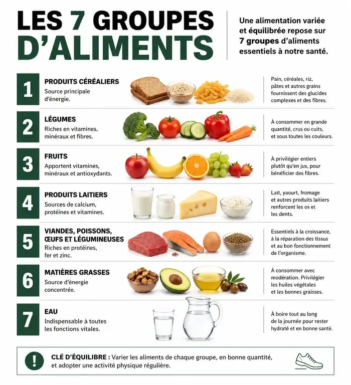 Infographie des 7 groupes d'aliments pour un équilibre alimentaire sain