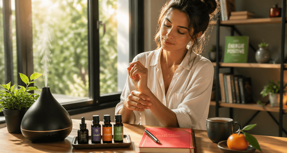 quelle huile essentielle pour le stress et l'anxiété femme utilisant huiles essentielles