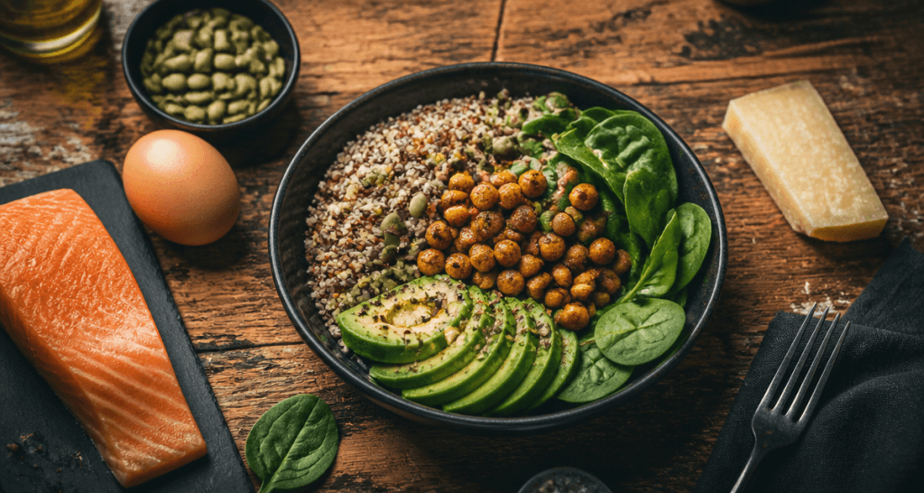 aliments et acides amines bol quinoa oeuf saumon parmesan