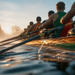Aviron sport équipe huit sur rivière brumeuse