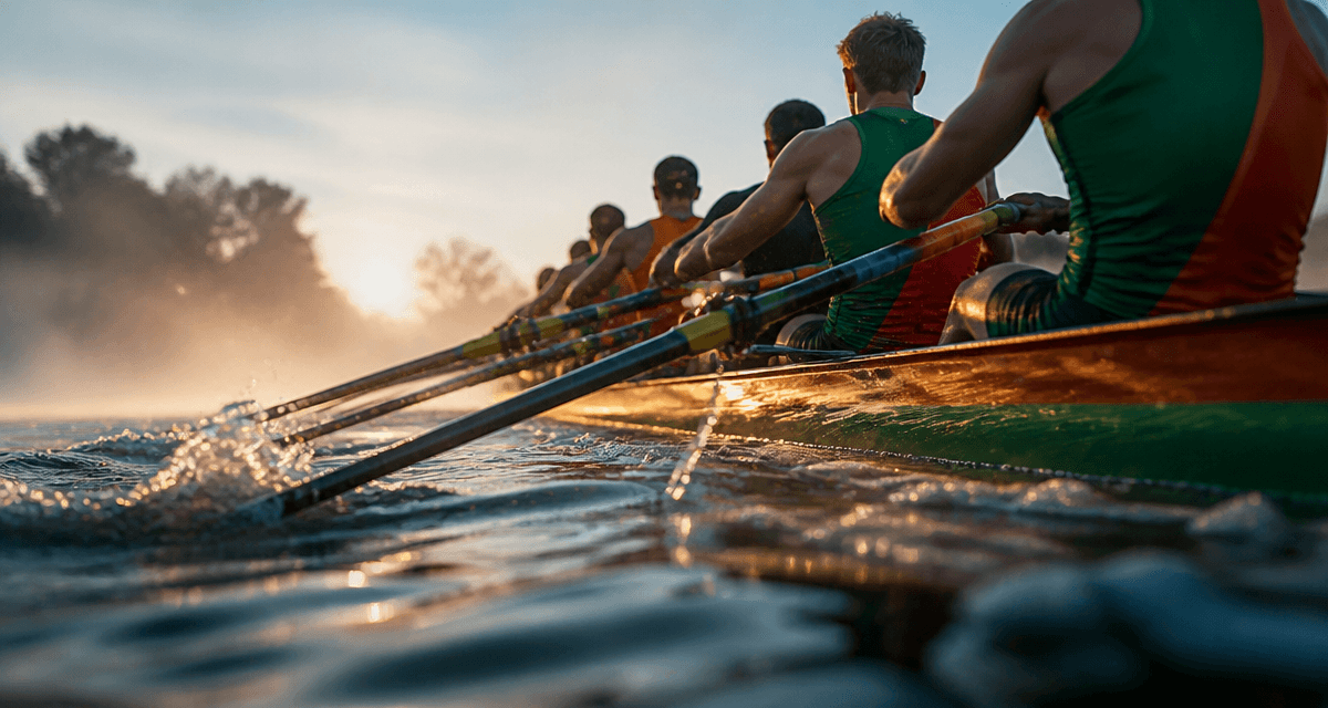 Aviron sport équipe huit sur rivière brumeuse