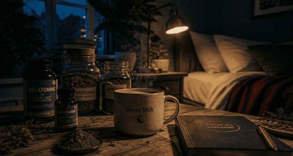 complements alimentaires pour dormir flacons et moon milk en chambre paisible