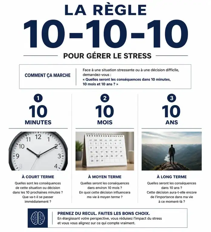 Infographie sur la règle du 10-10-10 pour apprendre à relativiser et mieux gérer son stress au quotidien