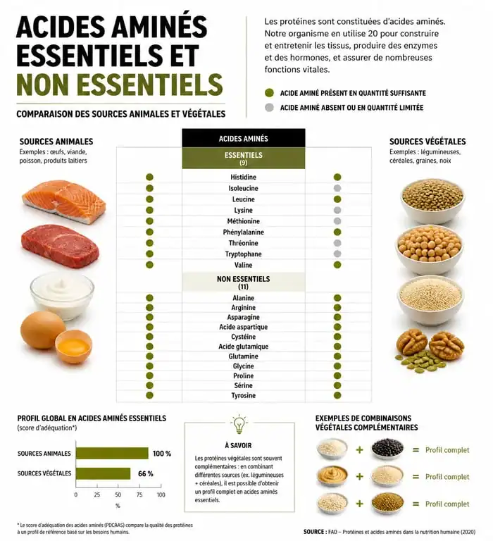 Infographie sur les acides aminés essentiels et les sources alimentaires pour une nutrition équilibrée
