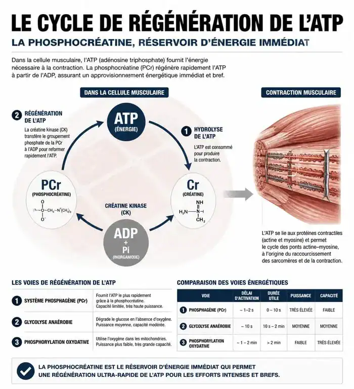 Schéma du mécanisme d'action de la créatine et régénération de l'ATP pour la prise de masse musculaire