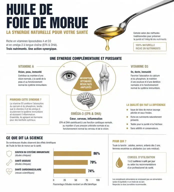 Infographie des bienfaits de l'huile de foie de morue en gélule : vitamines A, D et oméga-3
