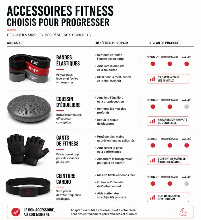 Infographie comparative des accessoires de sport pour le fitness et la musculation