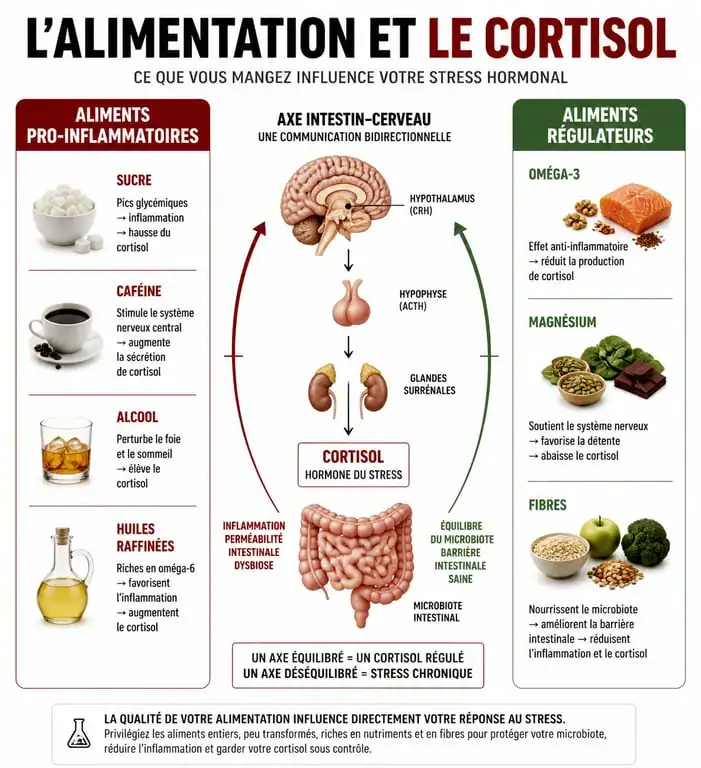 Infographie des aliments à éviter et à privilégier pour réguler le cortisol et réduire le stress