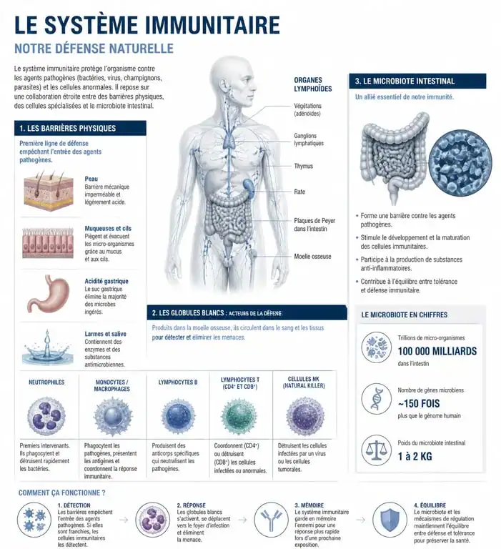 Schéma explicatif du fonctionnement du système immunitaire et renforcement des défenses naturelles