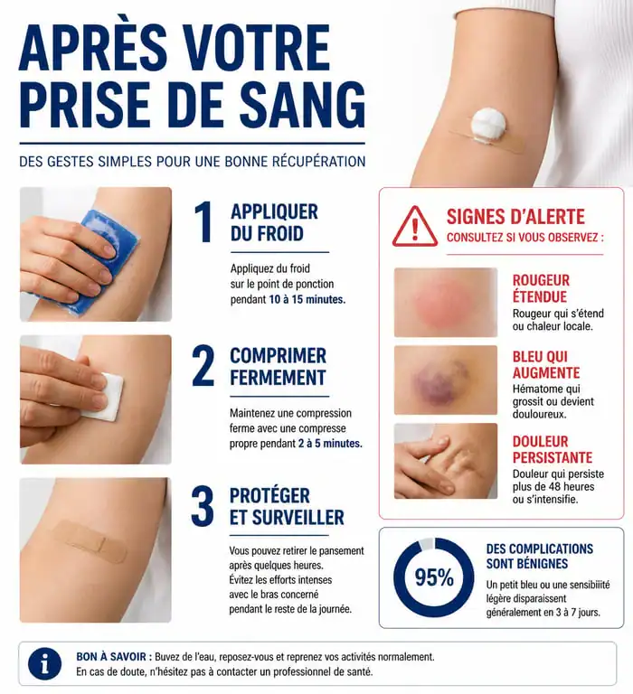 Infographie sur les conseils et précautions après une prise de sang mal faite ou difficile