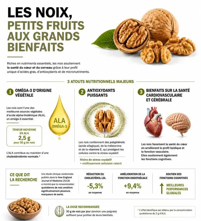Infographie des bienfaits des noix pour la santé et profil nutritionnel