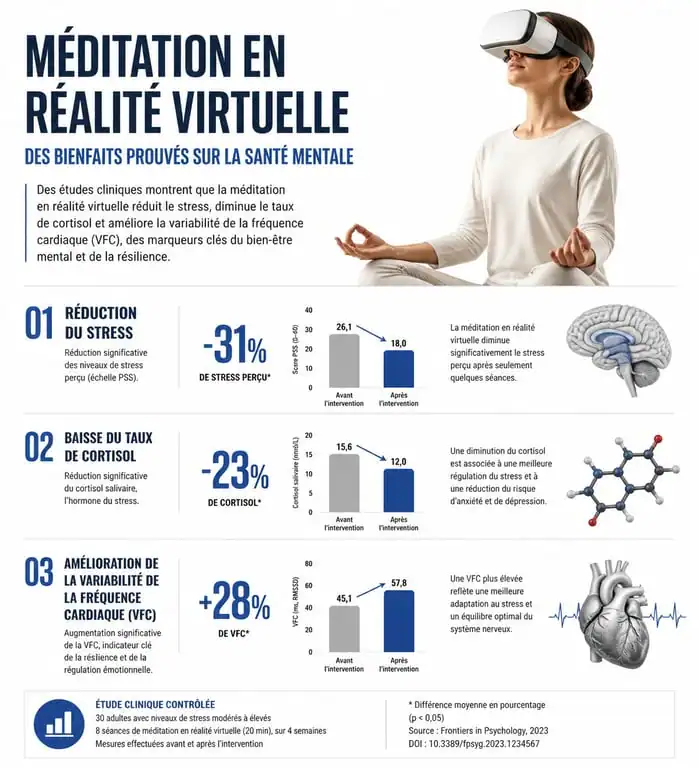 Infographie sur les bienfaits de la méditation VR pour la santé mentale et la réduction du stress