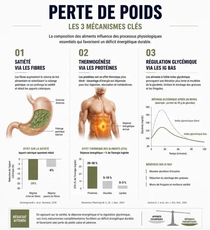Infographie des mécanismes de perte de poids et aliments minceur