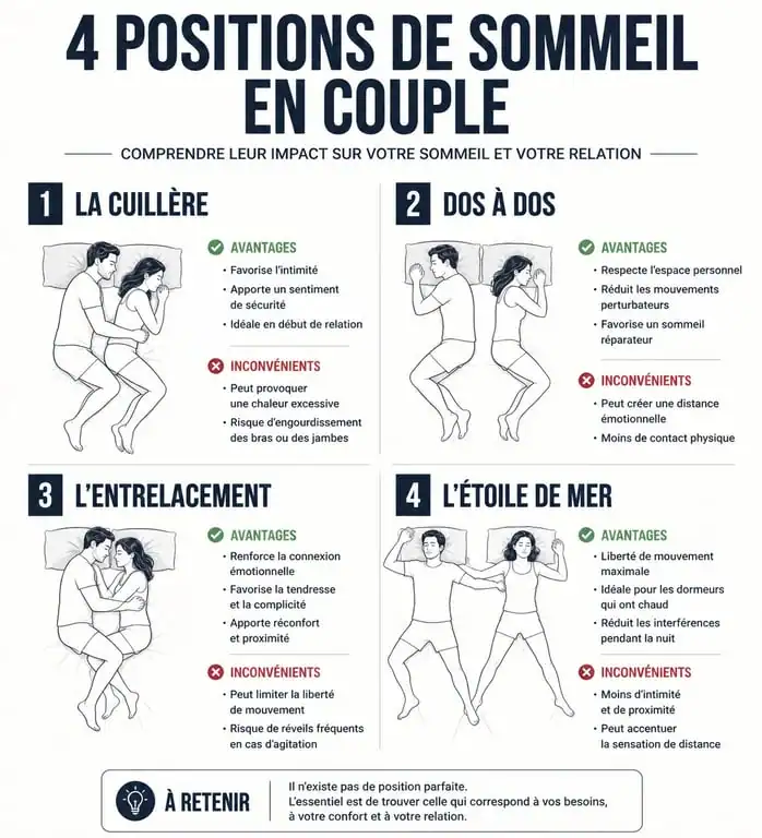 Infographie des positions de sommeil en couple et leur signification pour la relation