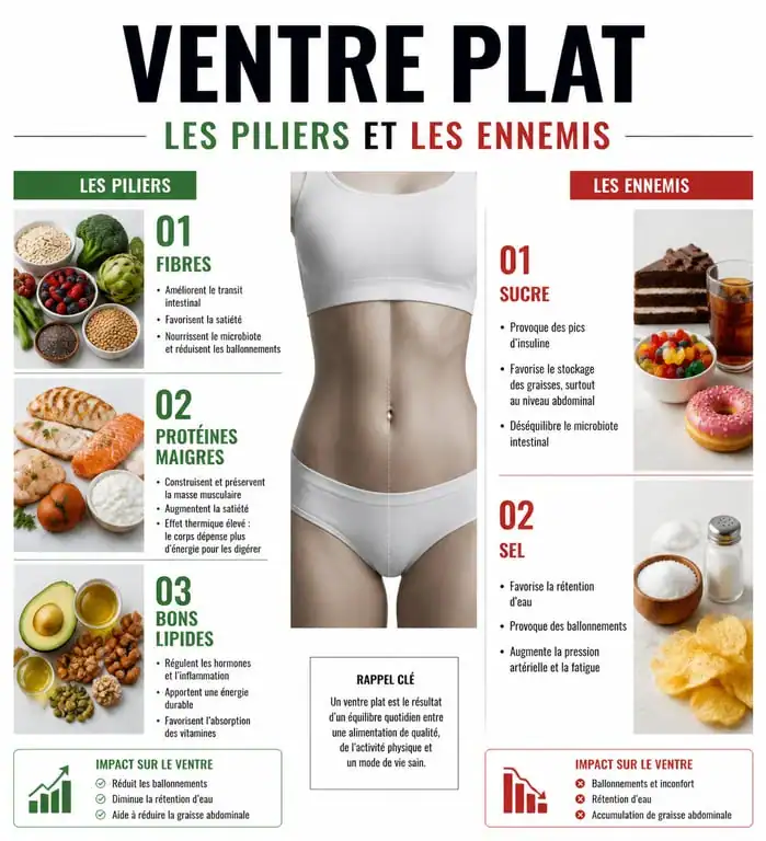 Infographie des piliers alimentaires pour maigrir du ventre et réduire la graisse abdominale