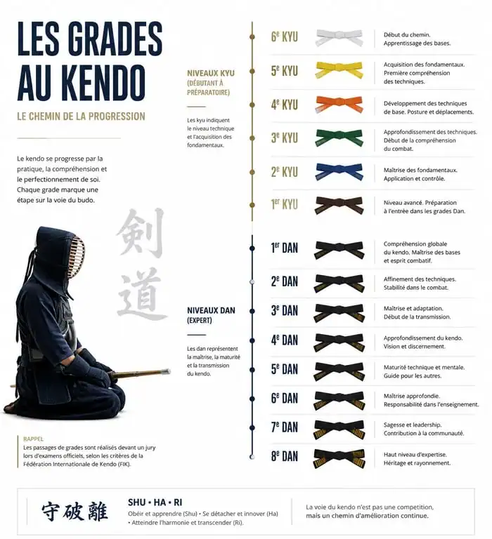 Infographie de la progression des grades au kendo, du 6e Kyu au 8e Dan