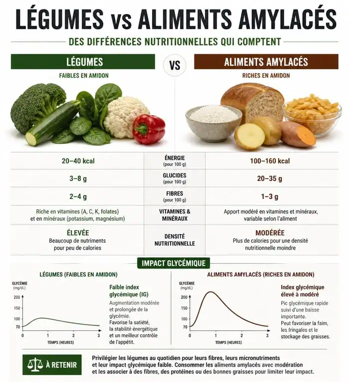 Infographie comparative des légumes et féculents pour une alimentation équilibrée