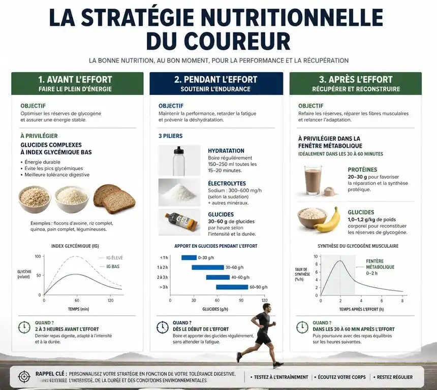 Infographie nutrition course à pied : stratégie alimentaire avant, pendant et après l'effort pour optimiser la performance.