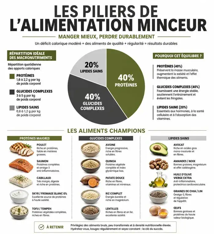 Infographie des aliments champions de la minceur et répartition des macronutriments pour un régime équilibré