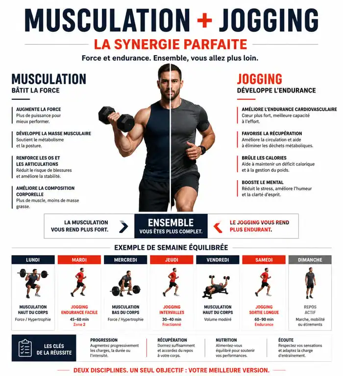 Infographie sur les bénéfices et l'organisation du jogging et musculation