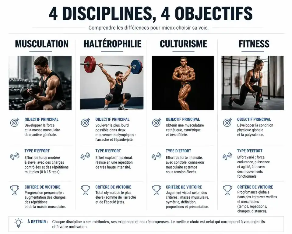 Infographie comparative des disciplines de musculation, haltérophilie, culturisme et fitness