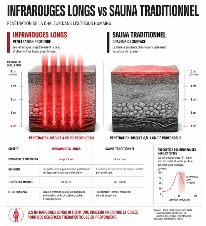 Schéma comparatif de la pénétration de l'infrathérapie et du sauna traditionnel dans les tissus