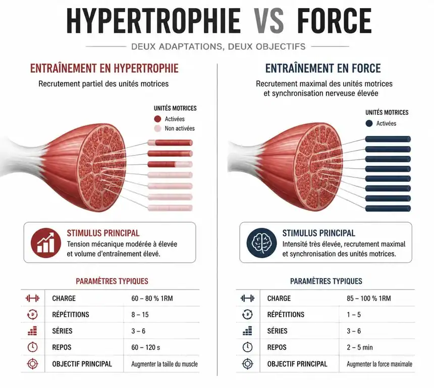 Schéma comparatif entre l'entraînement en hypertrophie et la musculation pour la force, illustrant le recrutement des unités motrices.