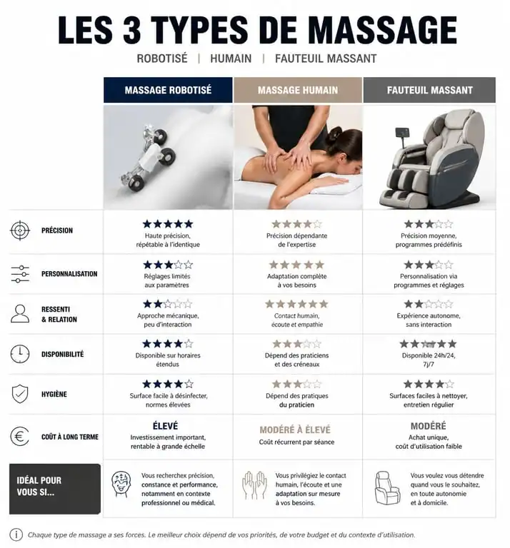 Infographie comparative des solutions de massage : robotisé, humain et fauteuil massant
