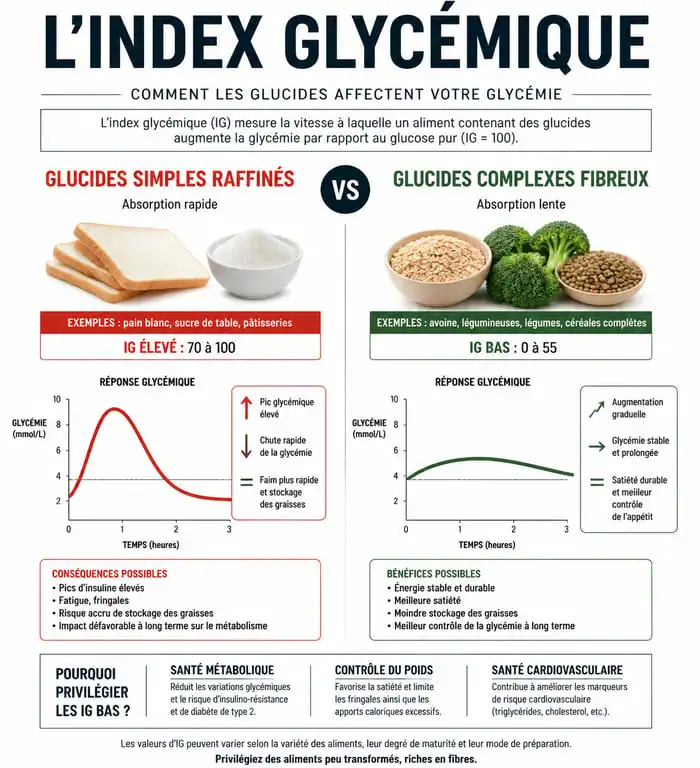 Infographie sur l'index glycémique et les aliments riches en glucides à éviter pour la santé