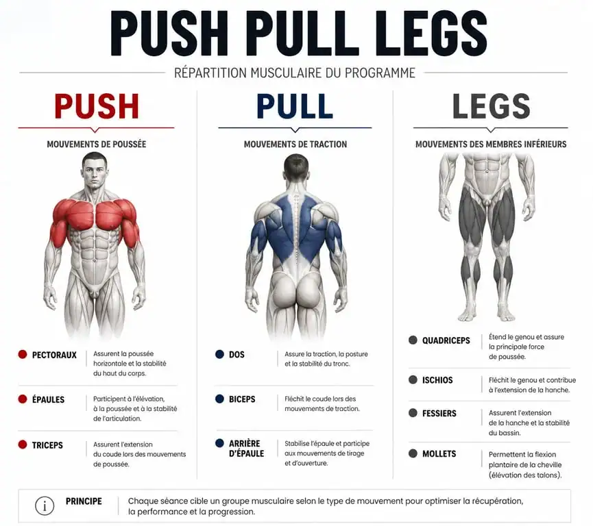 Répartition musculaire du programme d'entraînement Push Pull Legs