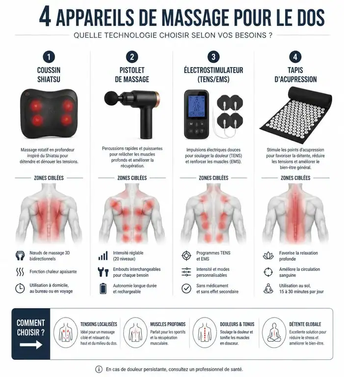 Infographie comparative des différents types d'appareil de massage pour le dos et leurs bénéfices