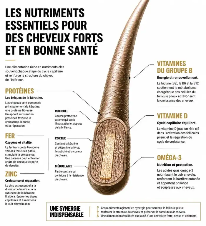 Infographie des nutriments essentiels pour des cheveux en bonne santé et leur rôle biologique