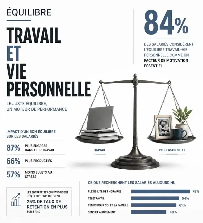 Infographie sur l'équilibre de vie et les facteurs de motivation au travail