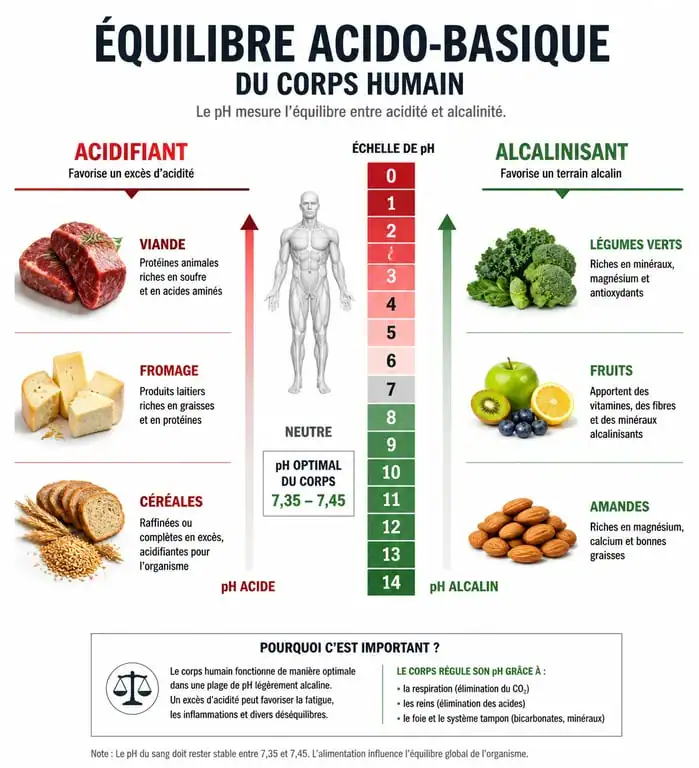 Infographie sur l'équilibre acido-basique et la classification des aliments acides ou basiques selon l'indice PRAL.