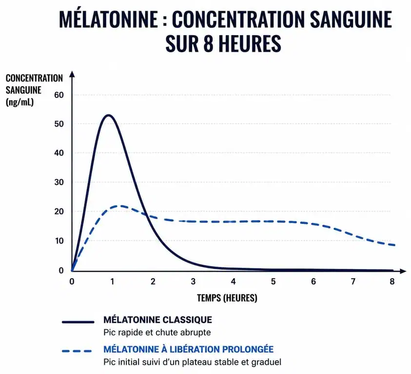 Comparaison graphique de la cinétique de la mélatonine classique versus mélatonine à libération prolongée pour le sommeil