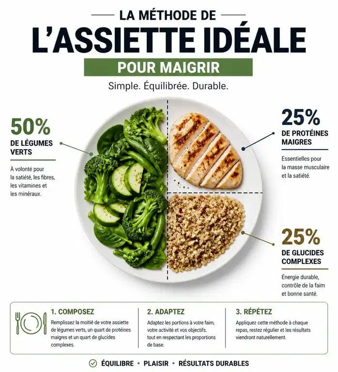 Infographie illustrant la méthode de l'assiette idéale pour savoir quoi manger pour maigrir sainement