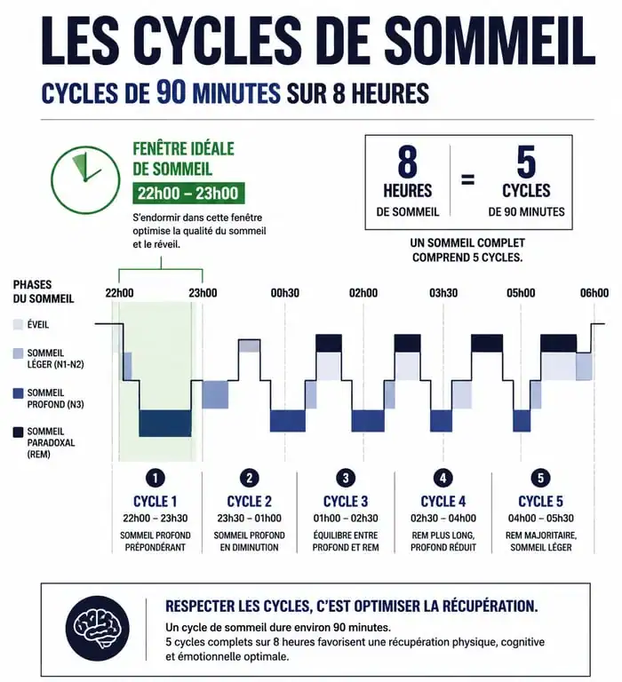 Infographie sur l'heure idéale pour se coucher et les cycles de sommeil pour optimiser la santé