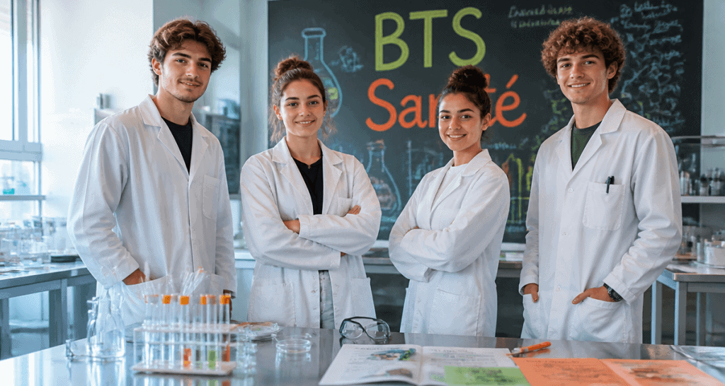 Jeunes en BTS dans la santé en blouse devant matériel de laboratoire
