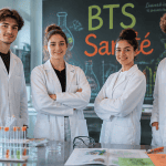 Jeunes en BTS dans la santé en blouse devant matériel de laboratoire