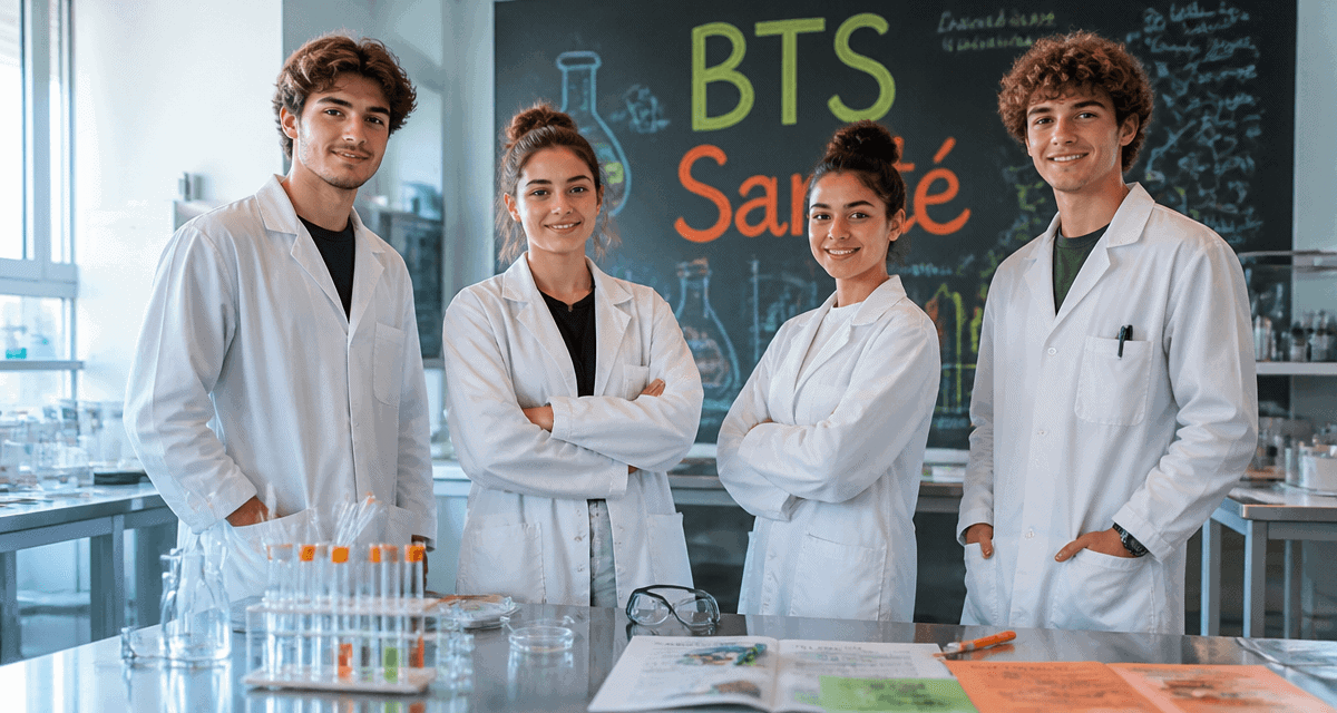 Jeunes en BTS dans la santé en blouse devant matériel de laboratoire