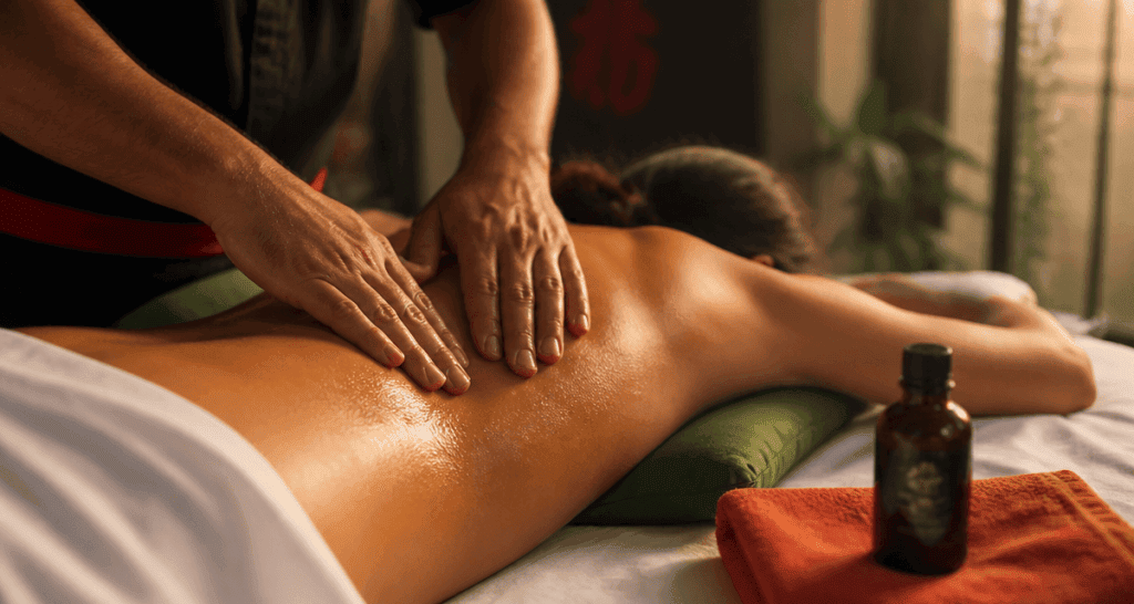 Massage du bas du dos mains huile ambiance détente