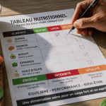 tableau glucide lipide proteine sur table avec aliments