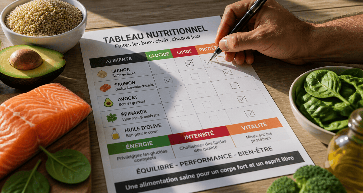 tableau glucide lipide proteine sur table avec aliments