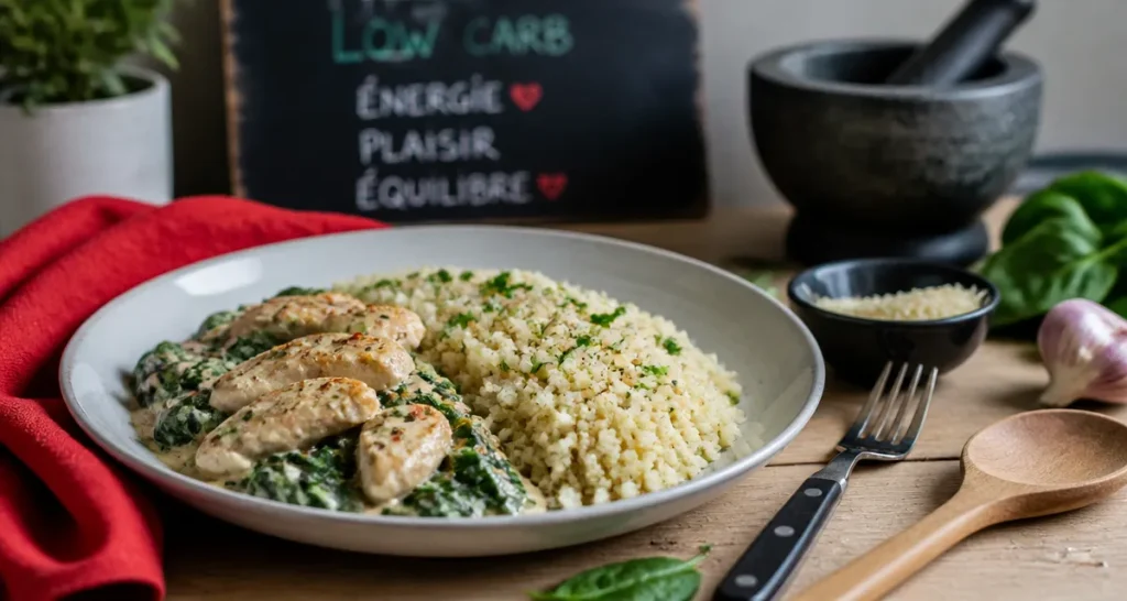 Aliments pauvre en glucide : assiette low carb poulet épinards riz chou-fleur