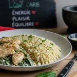 Aliments pauvre en glucide : assiette low carb poulet épinards riz chou-fleur