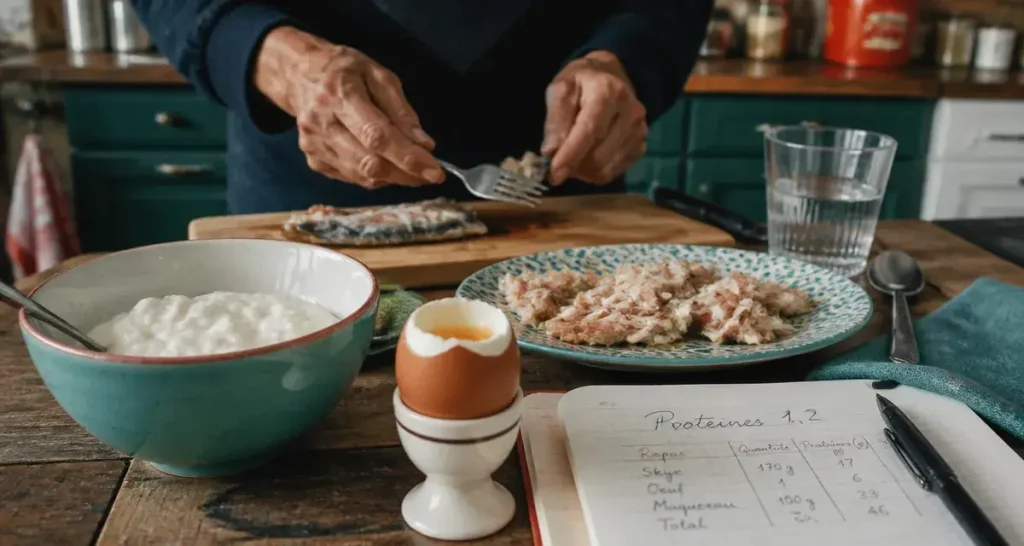 Aliments riches en proteines pour personnes agees : 1,2 g/kg (skyr, œuf, poisson) pour seniors