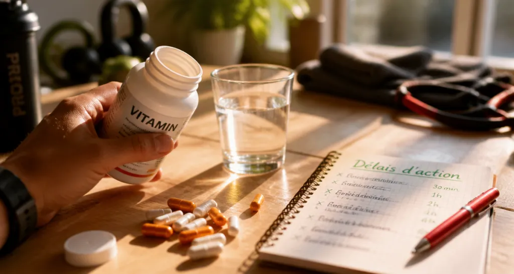 Au bout de combien de temps les vitamines font effet, flacon et capsules sur table