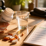 Au bout de combien de temps les vitamines font effet, flacon et capsules sur table