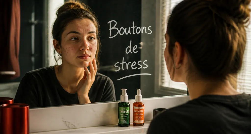 boutons de stress sur le visage femme miroir