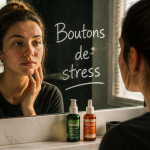 boutons de stress sur le visage femme miroir
